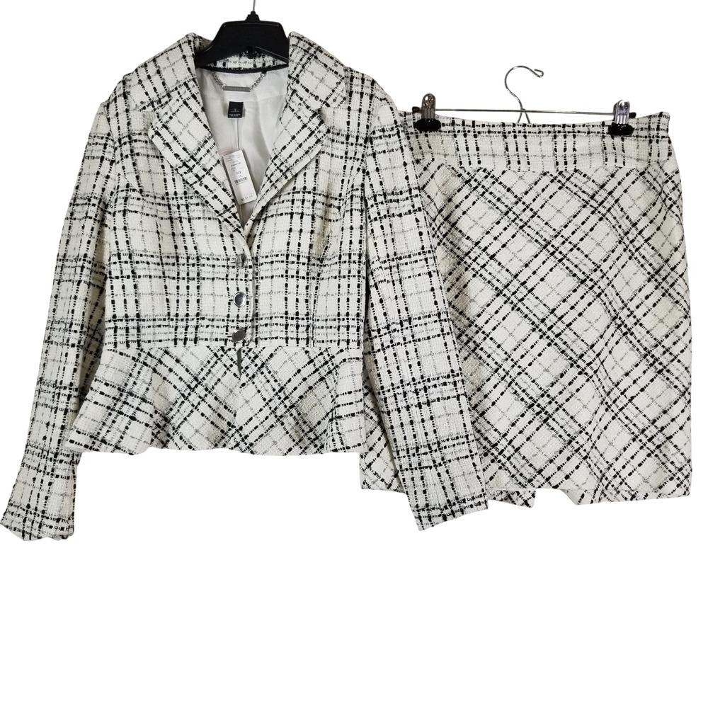 White House Black Market Tweed Skirt Blazer Suit Set 12 Black White Plaid Wool - Picture 1 of 16